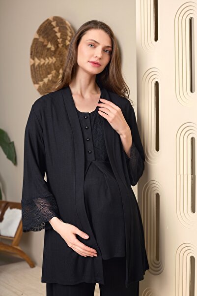 Yulem Homewear Siyah Dantel Detaylı Kısa Kol Pamuklu Özel Tasarım Lohusa Hami...