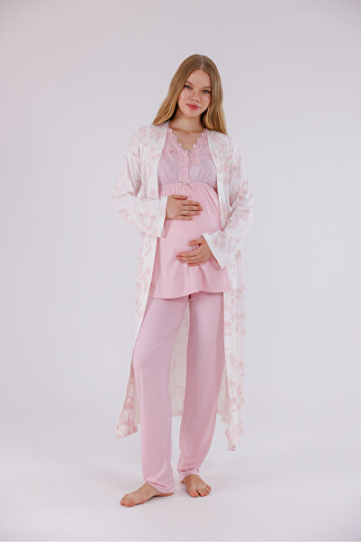 Yulem Homewear طقم بيجامة للحوامل مكون من 3 قطع بتصميم دانتيل منقوش بالبودرة ...