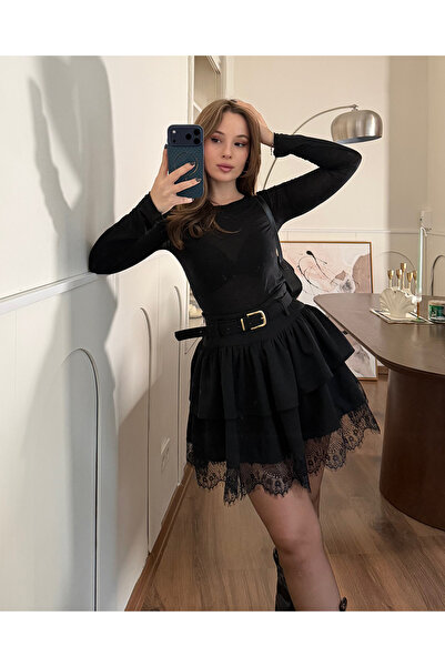 FERZOLAİO تنورة قصيرة سوداء مبطنة ومتعددة الطبقات دانتيل