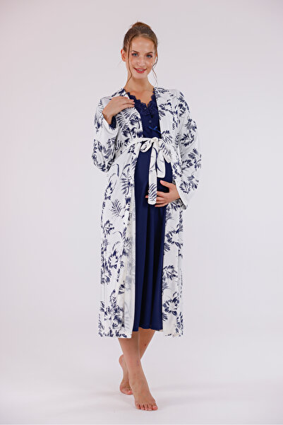 Yulem Homewear طقم ملابس نوم للحوامل من القطن بأكمام طويلة وتفاصيل من الدانتي...
