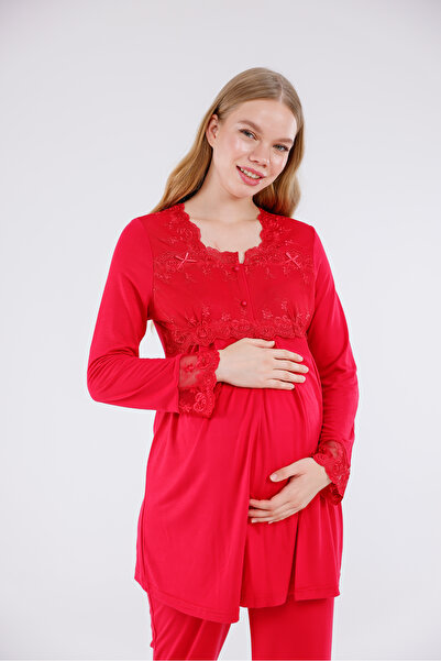 Yulem Homewear طقم بيجامة وقميص نوم للحوامل من القطن بتصميم خاص من فيشني بأكم...