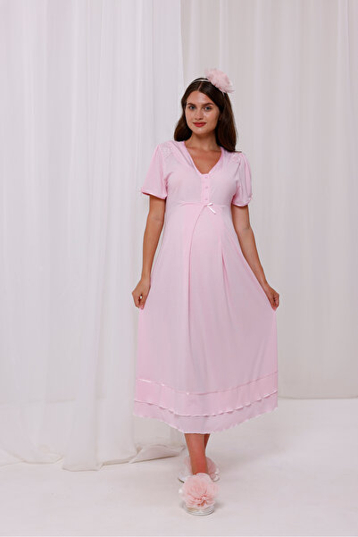 Yulem Homewear Νυχτικό εγκυμοσύνης με λεπτομέρεια από κορδέλα σε σκόνη και δυ...