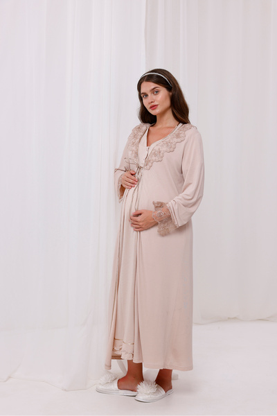 Yulem Homewear طقم قميص نوم وروب طويل للأمومة وما بعد الولادة، بتفاصيل دانتيل، باللون البيج