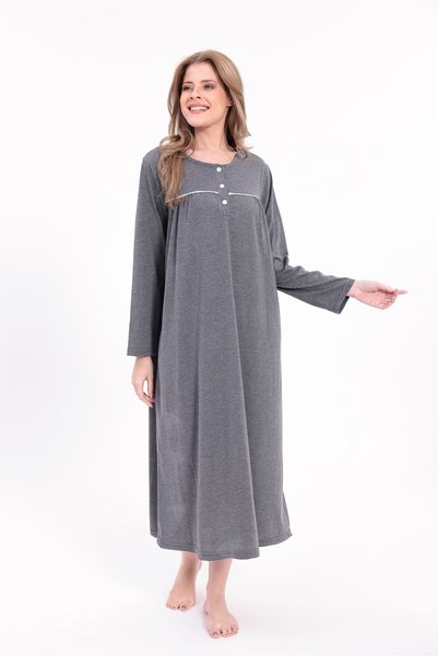 Yulem Homewear Women's Smoked Piped Cotton Long Sleeve Plus Size (Oversized) Nightgown