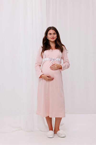 Yulem Homewear Powder Plaid Long Sleeve Maternity Nightgown with Breastfeeding Feature