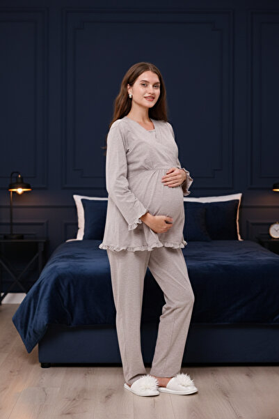 Yulem Homewear Σετ πιτζάμες διπλό πέτο τεμαχίων σε μπεζ βαμβακερό χρώμα, με δ...