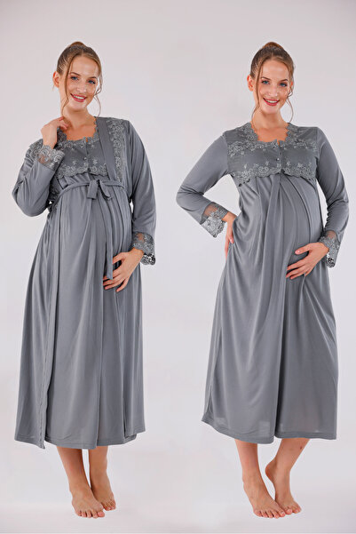Yulem Homewear طقم بيجامة وقميص نوم للحوامل من القطن بتصميم دانتيل خاص بأكمام...