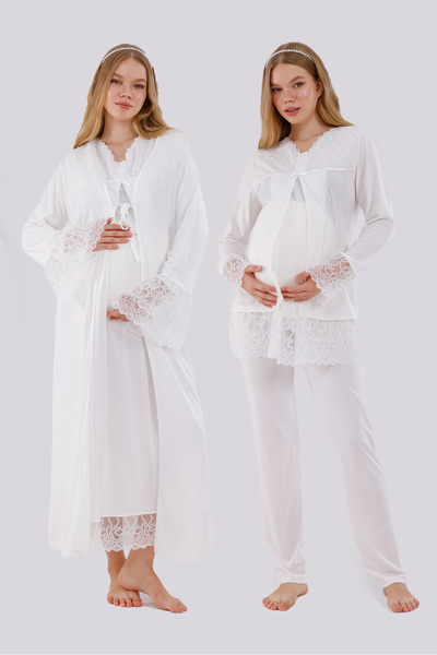 Yulem Homewear Екру специален дантелен дизайн памучен комплект за бременни но...