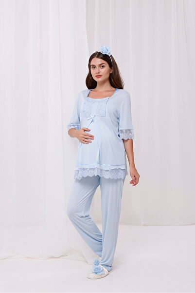 Yulem Homewear طقم بيجامة قطنية للأمهات بتصميم أكمام وياقة زرقاء