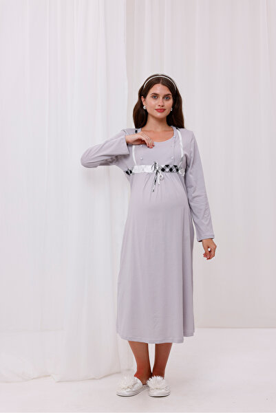Yulem Homewear قميص نوم للحوامل منقوش باللون الرمادي بأكمام طويلة وميزات الرض...