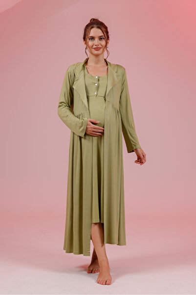 Yulem Homewear Yeşil Uzun Kollu Pamuklu Tam Boy Sabahlıklı Lohusa Hamile Gece...