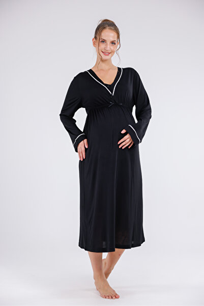 Yulem Homewear Μαύρο νυχτικό εγκυμοσύνης με μακριά μανίκια από βαμβάκι με ρέλι