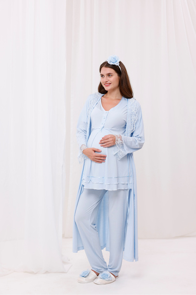 Yulem Homewear مجموعة بيجامات مكونة من 3 قطع بتصميم مفصل من الدانتيل الأزرق ب...