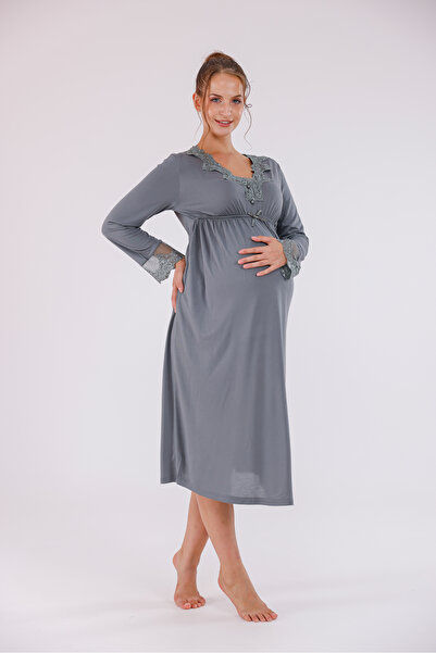 Yulem Homewear Βαμβακερό νυχτικό εγκυμοσύνης με λεπτομέρεια από καπνιστή δαντ...