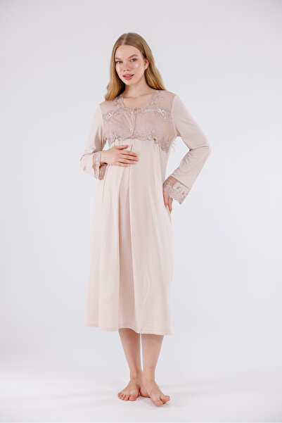 Yulem Homewear طقم بيجامة وقميص نوم للحوامل بأكمام طويلة من القطن بتصميم دانت...