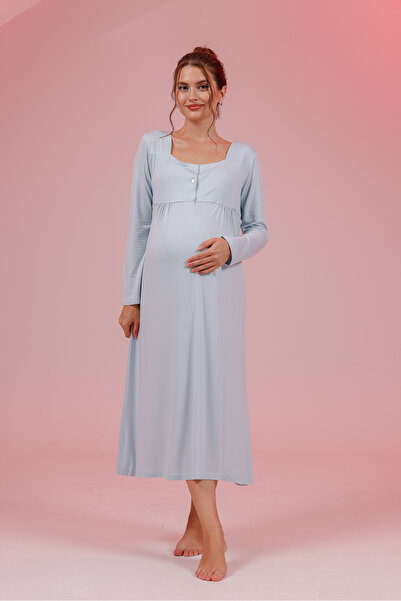 Yulem Homewear Mavi Uzun Kollu Pamuklu Tam Boy Sabahlıklı Lohusa Hamile Gecel...