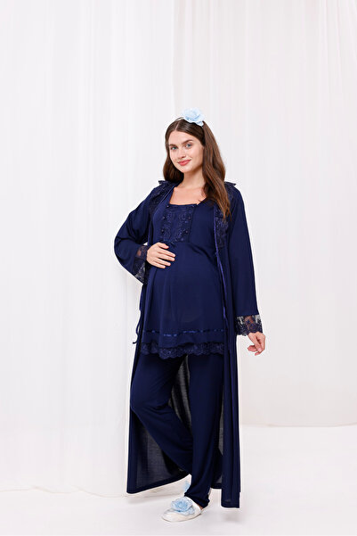 Yulem Homewear Σετ πιτζάμες 3 τεμαχίων με μακρύ φόρεμα εγκυμοσύνης με δαντέλα...