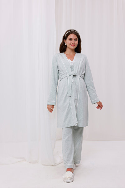 Yulem Homewear طقم بيجامة مكون من 3 قطع مع ياقة دانتيل ميلانج أخضر مائي للحوامل