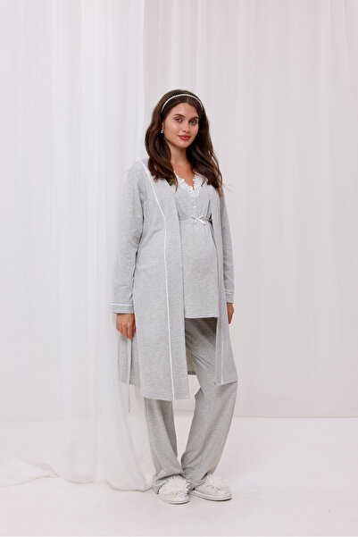 Yulem Homewear طقم بيجامة مكون من 3 قطع مع ياقة دانتيل بيج ميلانج للحوامل