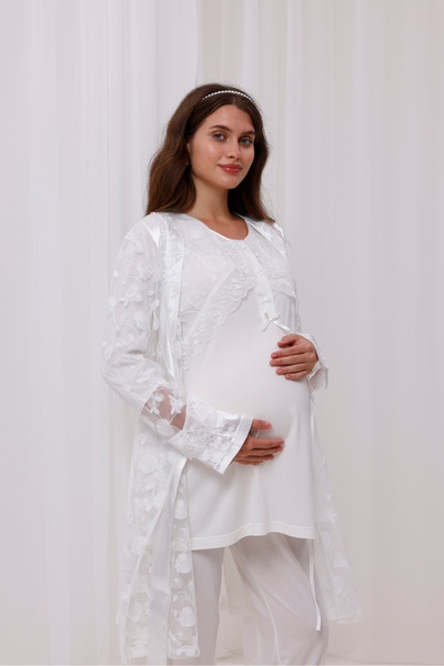 Yulem Homewear طقم بيجامة مكون من 3 قطع من الشيفون بتصميم دانتيل خاص من إكرو ...