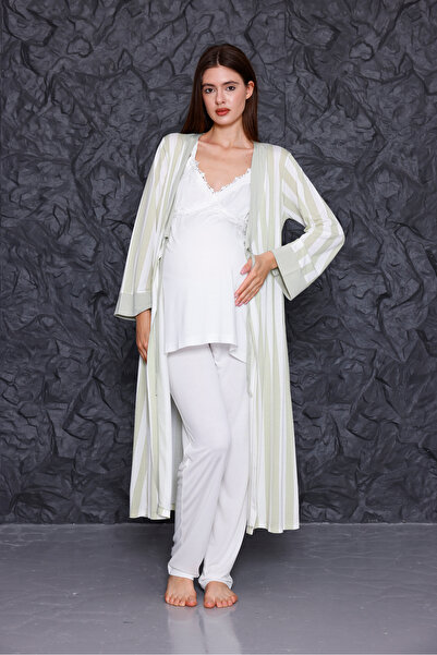 Yulem Homewear Σετ πιτζάμες 3 τεμαχίων με πράσινο λουράκι, ριγέ, με δυνατότητ...