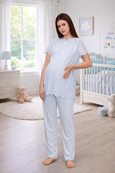 Yulem Homewear Mavi Fisto Keten Tasarım Lohusa Hamile Pijama Takım