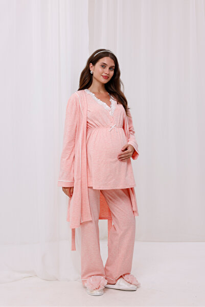 Yulem Homewear Pembe Melanj Dantel Yaka Lohusa Hamile Sabahlıklı 3'lü Pijama ...