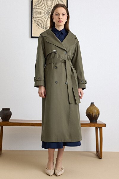 Olcay Trench Coat with Pleated Sleeves, Comfortable Fit, Water-Repellent Feat...