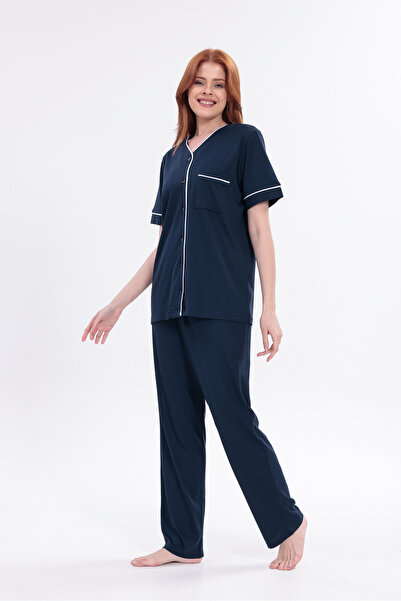 Yulem Homewear Costum de pijama de damă, albastru marin, cu nasturi în față, ...