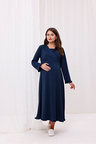 Yulem Homewear Lacivert Kruvaze Pamuklu Emzirme Özellikli Lohusa Hamile Gecel...