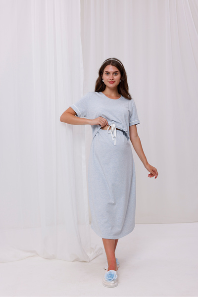 Yulem Homewear Mavi Melanj Emzirme Özellikli Lohusa Hamile Gecelik Elbise