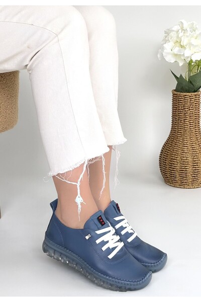 pabucmarketi Blue Genuine Leather Lace-Up Women's Casual Shoes