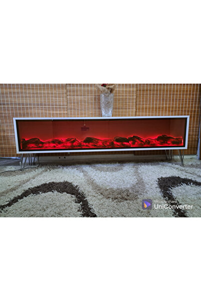 Butik şömine Tv Sehpası beyaz  Metel ayaklı 170cm Bluetootlu Ses Sistemi 3 Fa...