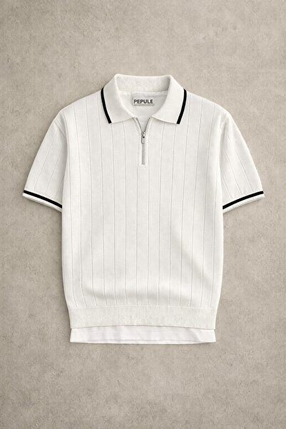 oneoff Erkek Beyaz Polo Yaka Triko Dokulu Renkli yarım fermuarlı Regular Pamu...