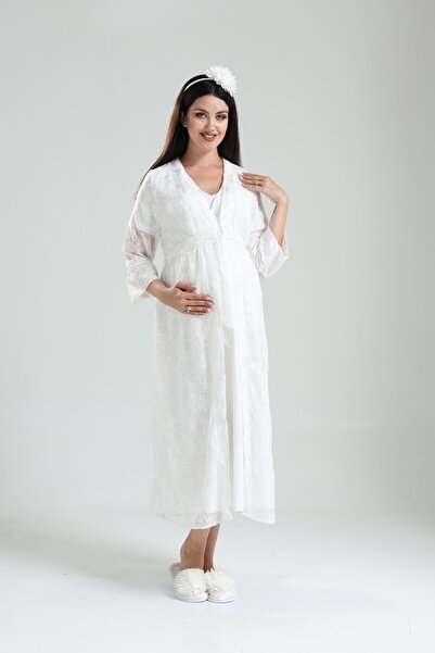 Yulem Homewear Ekru Kruvaze Dantel Desenli Sabahlıklı Lohusa Hamile Gecelik-S...