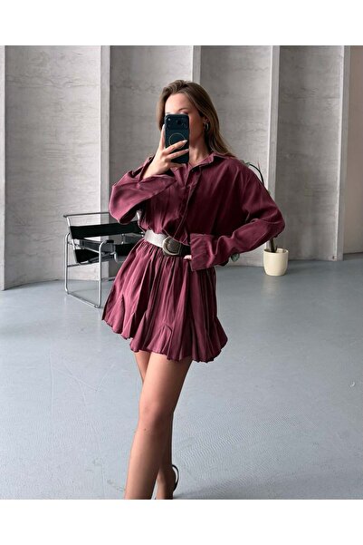 FERZOLAİO Belt Detail Pleated Burgundy Mini Dress