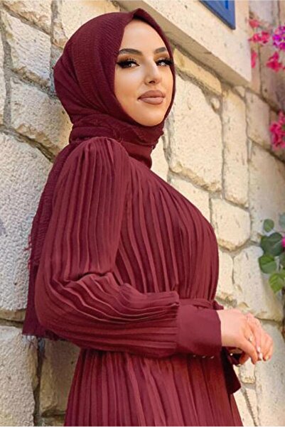 TRENDTESETTÜR KADIN BORDO PİLİSELİ KREP ELBİSE 3043