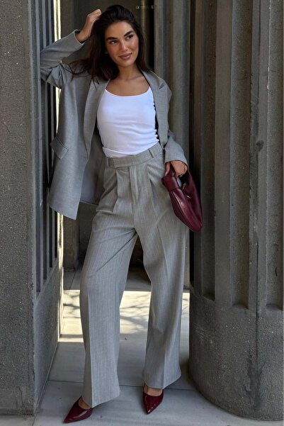 Madmext Gri cu dungi talie înaltă cu pliuri Pantaloni din material textil pen...