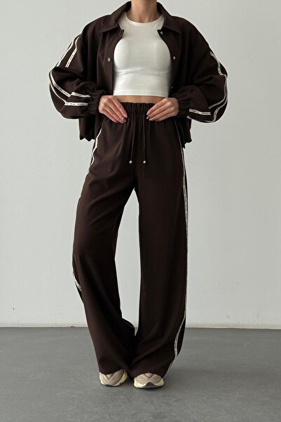 Quzu High Waist Trousers with Stripe Lettering Detail Brown