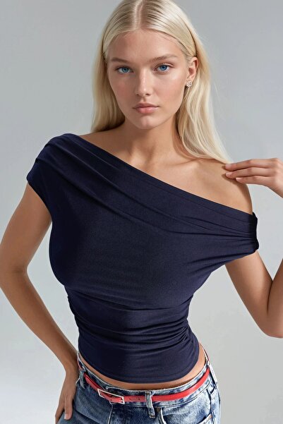 Hiccup Asimetrična bluza sa jednim ramenom i ovratnikom u boji peska