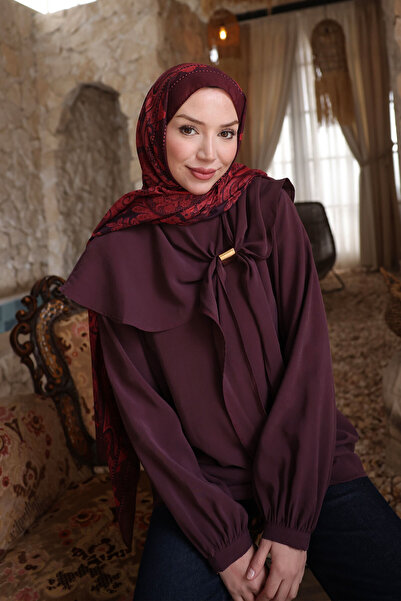 LOCCO Kadın Fular Yaka Cupra Gömlek Mürdüm