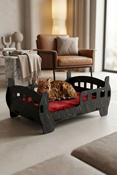 Evene Büyük Kedi Yatağı Dekoratif Ahşap Dayanıklı Siyah Mermer Renk Beşik Kar...