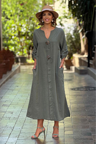 Nevin Kaya Moda Rochie italiană cu design cu 2 nasturi din in kaki