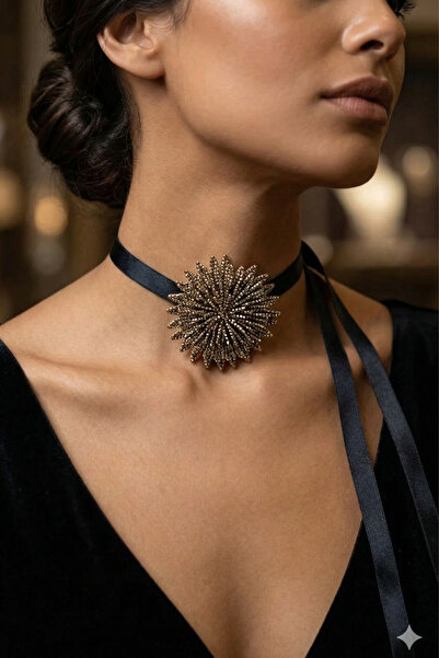 PETEK AKSESUAR قلادة على شكل زهرة مرصعة بالأحجار اللامعة