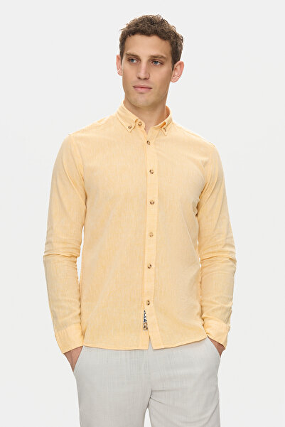 UCLA Ανδρικό πουκάμισο JACQUEZ Κίτρινο λινό κεντημένο Standard Fit