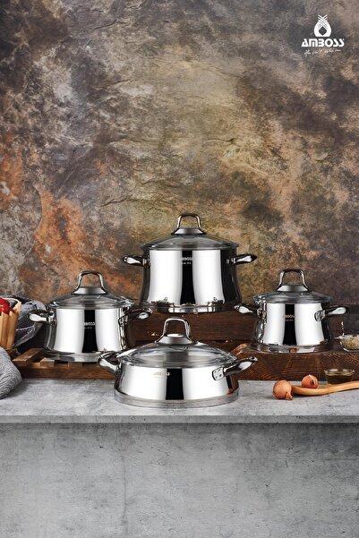 Amboss Oregon Paslanmaz Çelik İndüksiyon Tabanlı 8 Parça Cam Kapaklı Tencere ...