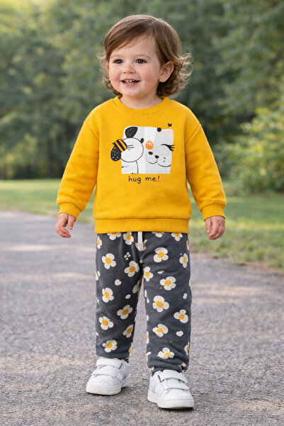 İNDİGO Baby Girl Yellow Gray Flowers Tracksuit Set