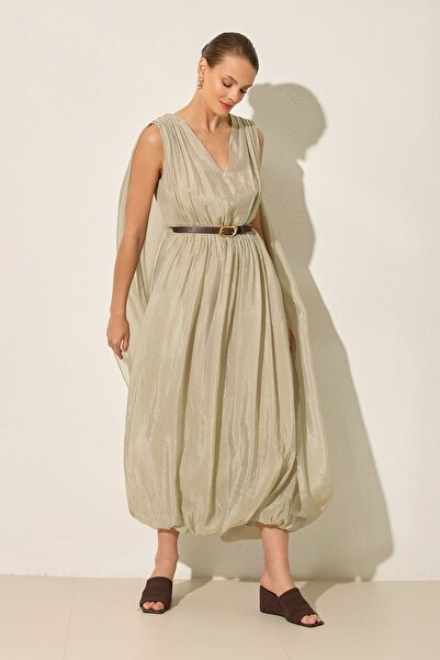 Setre Nil Yeşili Pelerin Ve Kumaş Detaylı Kemerli Rahat Kesim Tam Kalıp Midi ...