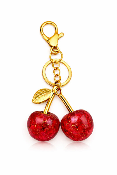 Aychra Kadın Simli Kiraz Gold Detaylı Kırmızı Çanta Charm Çanta Süsü / Anahta...