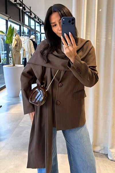 LUV STUDİOS CO Brown Premium Quality Pinstripe Shawl Collar Detailed Blazer J...